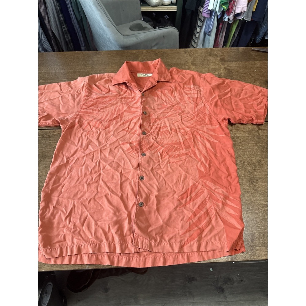 Tommy Bahama Orange Hawaiian 100% Silk Short Sleeve Button Down Shirt Men's L
